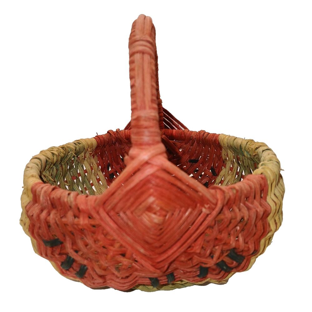 Vtg Hand Woven Butt Basket Woven Handle Red God's Eyes Sides Small Basket 5x5x6